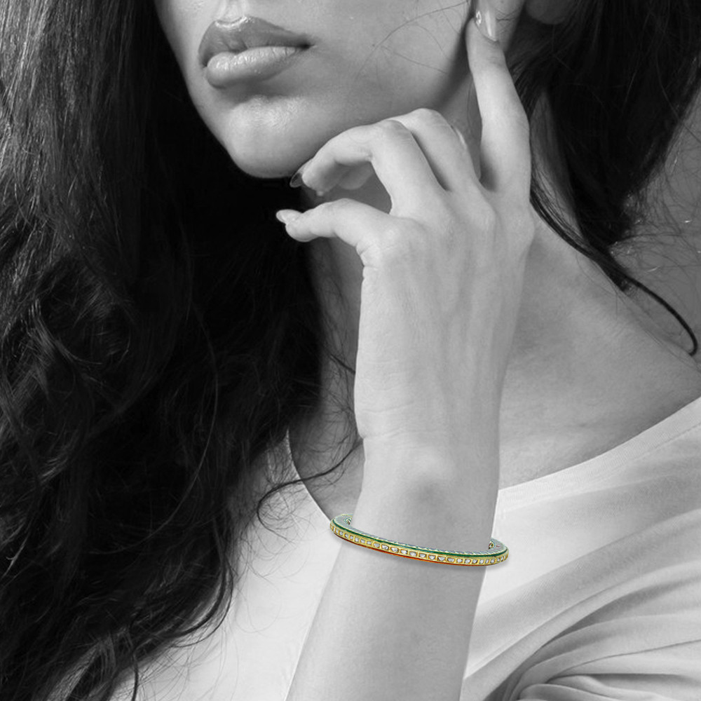 Polki Bangle with Green and Red Enamel Design